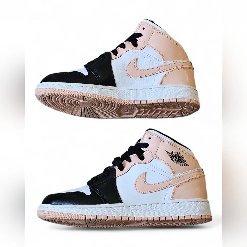 Air Jordan 1 Mid Pink Black White Youth Sneakers Size 3.5Y